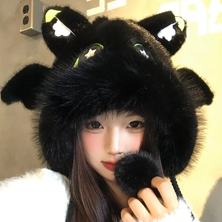 可爱无牙仔黑色毛绒帽女冬季加厚保暖加绒防寒显脸小护耳雷锋帽子