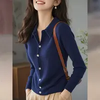 深蓝色Polo领针织开衫女秋季新款高级感时尚修身显瘦百搭长袖上衣