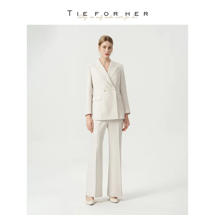 TieForHer李冰冰同款杏白色戗驳领双排两粒扣直筒裤两件套套装