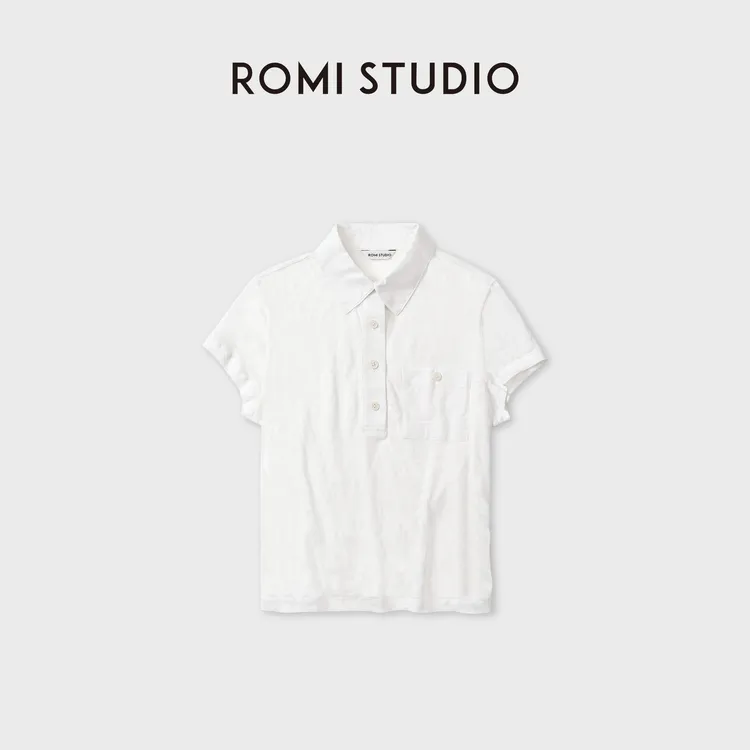 ROMI STUDIO100%天然亚麻超轻薄微皱肌理Polo领短袖T恤RWDSS52509
