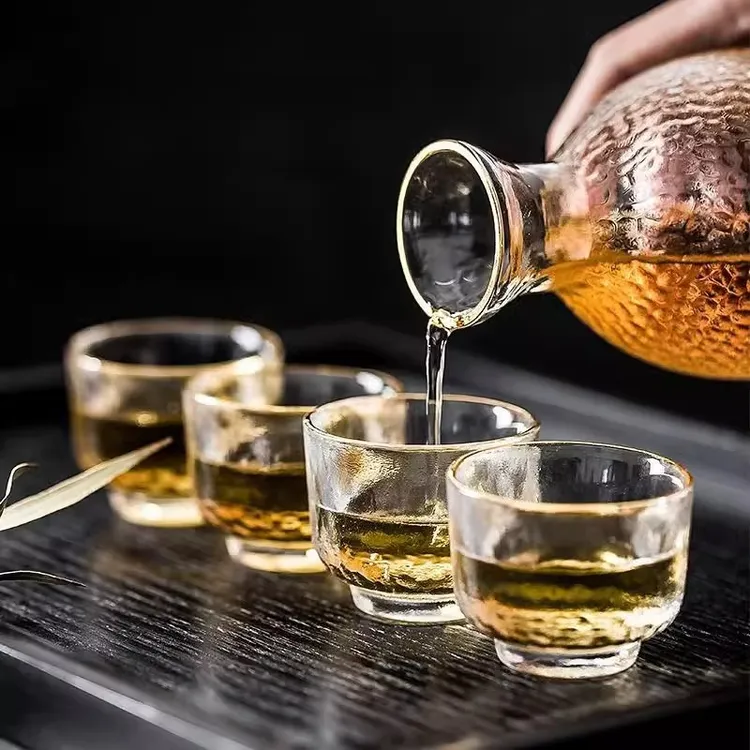 复古风清温酒日式酒具套件玻璃透明茶壶锤纹金边耐热铁锅燃气专用