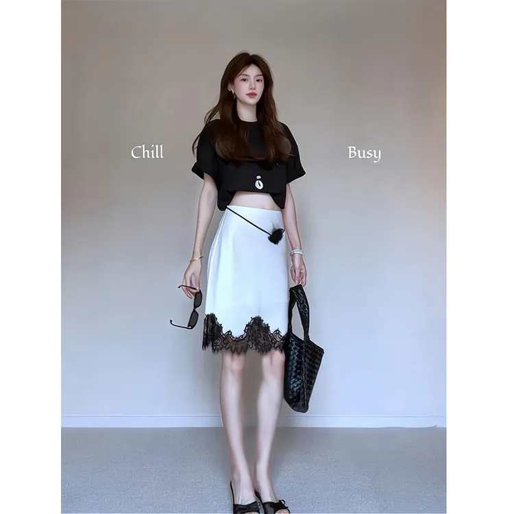 美式辣妹正肩短袖t恤收腰黑色短款上衣拼接半身裙百搭短裙半裙女