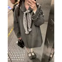 【波点艺术家】韩版翻领双排扣宽松中长款毛呢大衣22802#