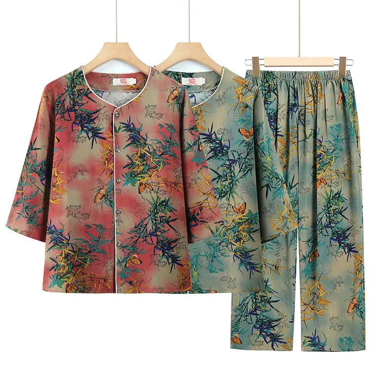 奶奶装七分袖套装中老年夏装女60岁70老人衣服妈妈夏天有口袋大码