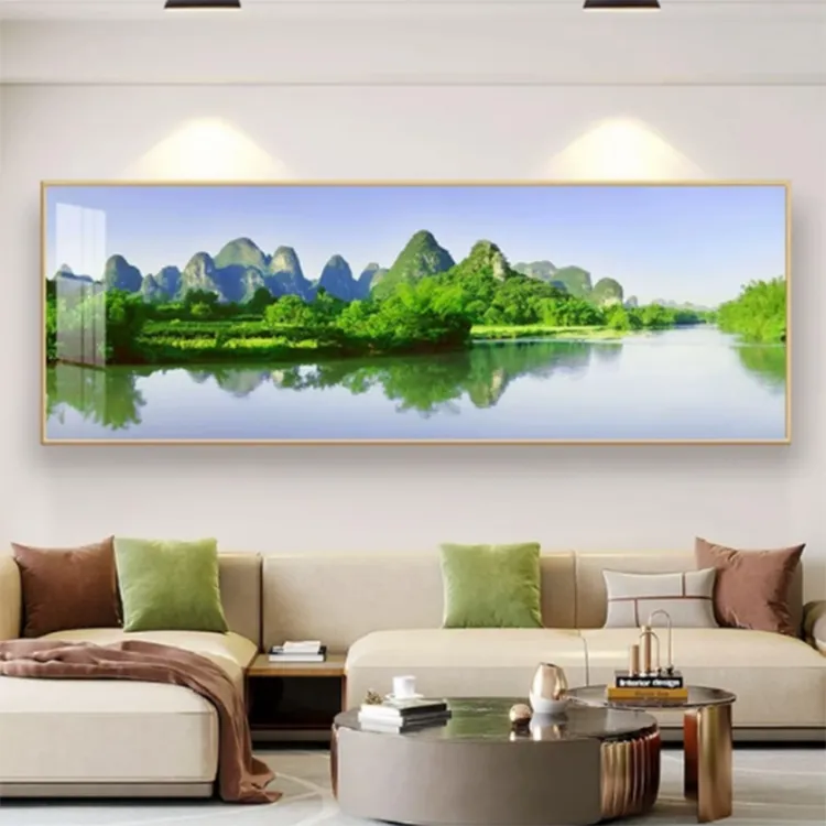 山水靠山客厅沙发风景山水背景墙沙发背景餐厅平面晶瓷挂画高级感