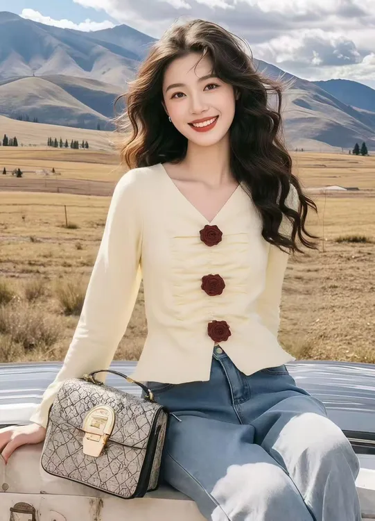 秋季新款时尚杏色V领长袖修身针织衫立体花朵设计百搭氛围感上衣