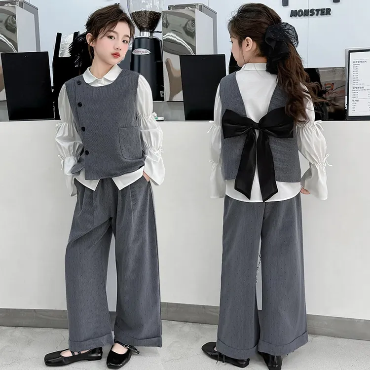 女童春秋款2025韩版套装女大童洋气时髦儿童春装马甲阔腿裤三件套