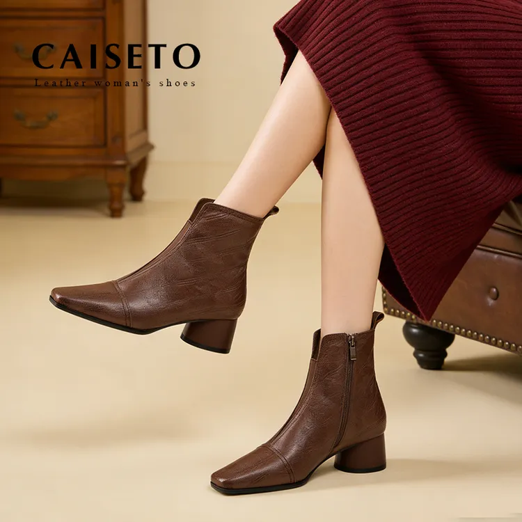 头层羊皮4cm 秋冬粗跟真皮方头短靴侧拉链保暖绒里时尚女靴5X017