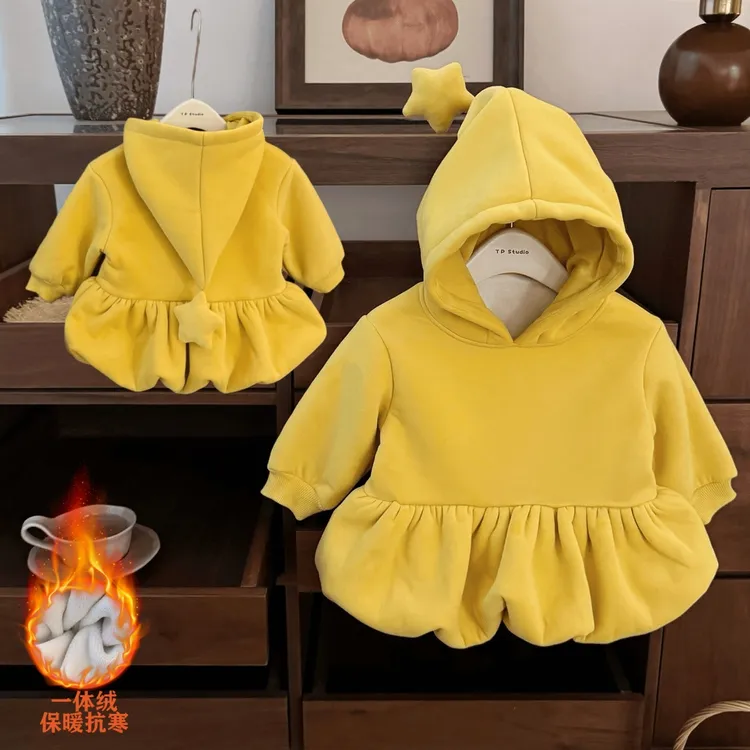 女孩冬季加绒加厚连帽卫衣儿童时髦款保暖纯色星星人花苞衣摆上衣