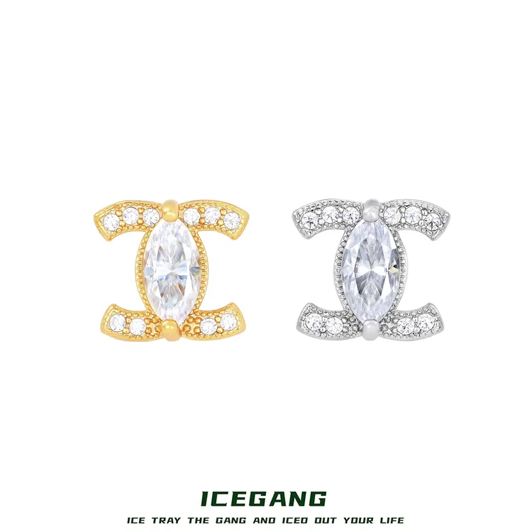 ICEGANG 925银莫桑石耳饰 满钻双C耳钉S925通体纯银欧美莫桑石