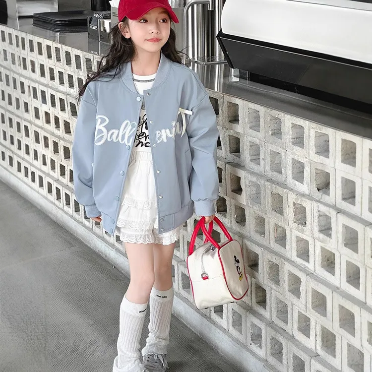 高品质女童蓝色蝴蝶结棒球服外套儿童春秋洋气休闲新款宝宝韩版