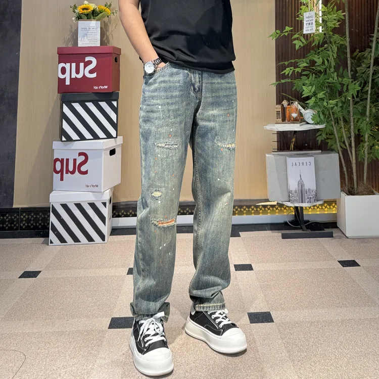 【微椎】男款秋冬装宽松牛仔裤泼漆潮牌复古色做旧破洞百搭高端长裤