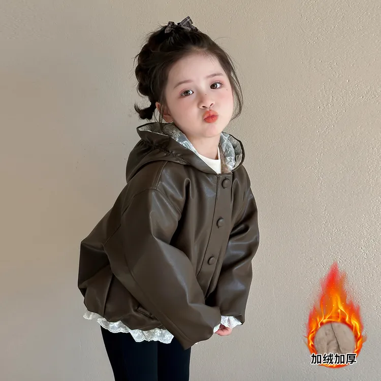 女童冬款外套2025年韩版公主风花边款夹克女宝宝时髦潮款加绒皮衣