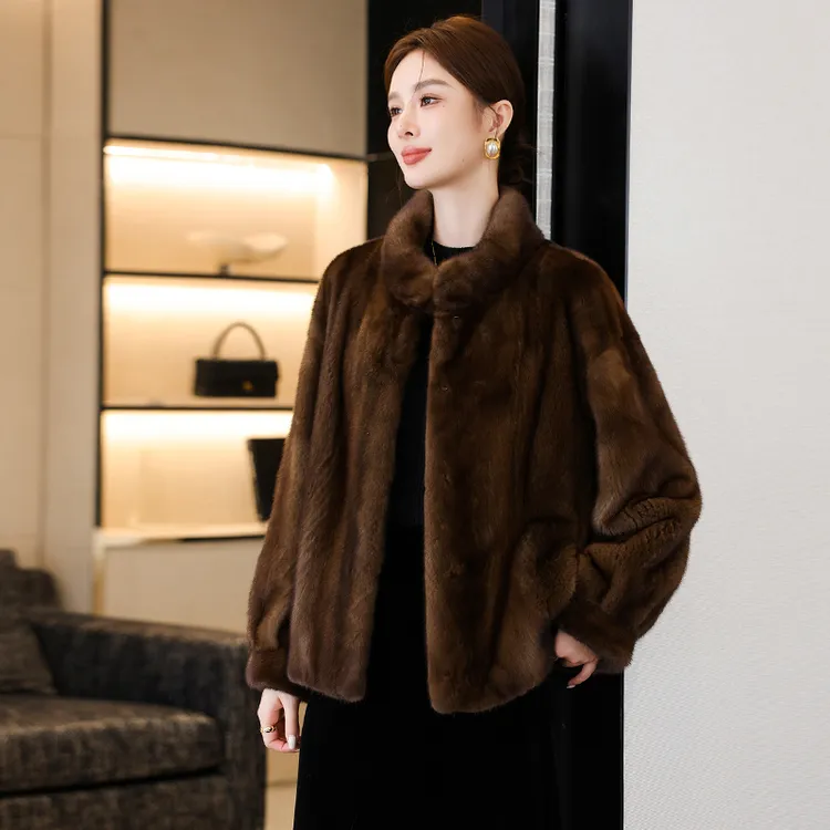 年轻款时尚天鹅绒貂皮大衣女2025新款立领整貂水貂皮草外套短款潮