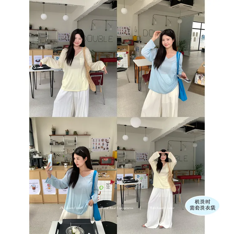 知葵微胖定制【海风薄雾】夏日宽松显瘦叠穿长袖T恤罩衫12251T6882