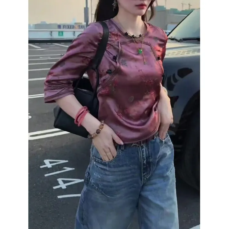 改良国风印花超好看盘扣上衣2025秋季新款新中式斜襟七分袖小衫女