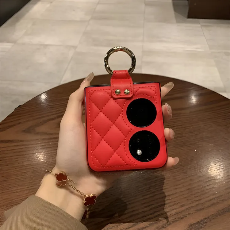 高级感红色菱格手提指环适用华为pocket2手机壳新款nova Flip皮纹