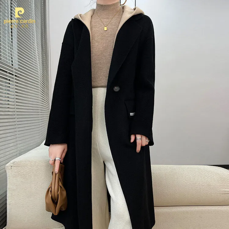 皮尔卡丹秋冬季轻奢女款纯羊毛双面呢中长款大衣休闲高级感时尚洋