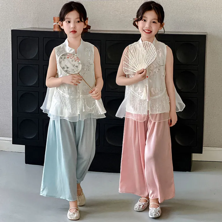 女童中式套装夏装2025新款大儿童夏季古风盘扣背心上衣宽松阔腿裤