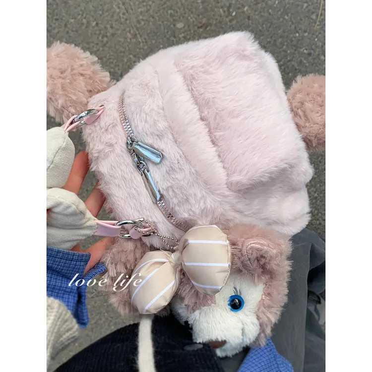 毛茸茸可爱包包女款爆款2025新款秋冬毛绒百搭双肩包时尚小背包