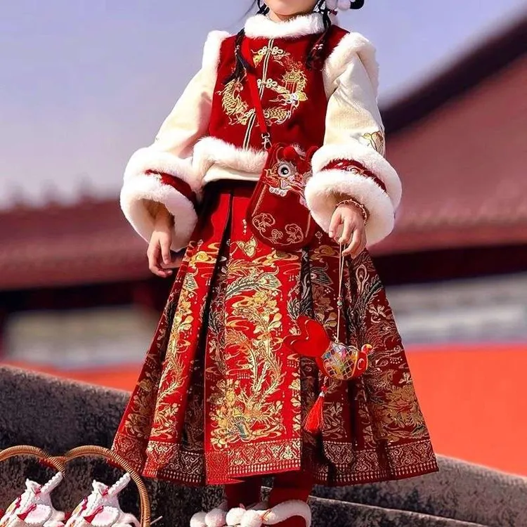 汉服女宝宝新中式复古高级马甲马面裙三件套2025新款中国红拜年服