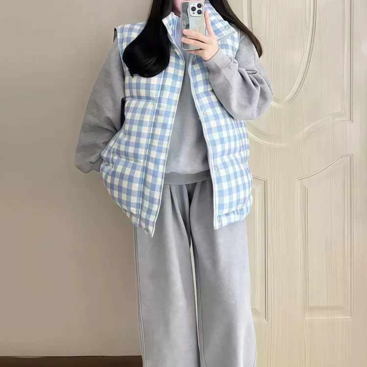 超好看减龄 胖mm大码撞色格子棉服马甲背心女秋冬气质宽松外套603