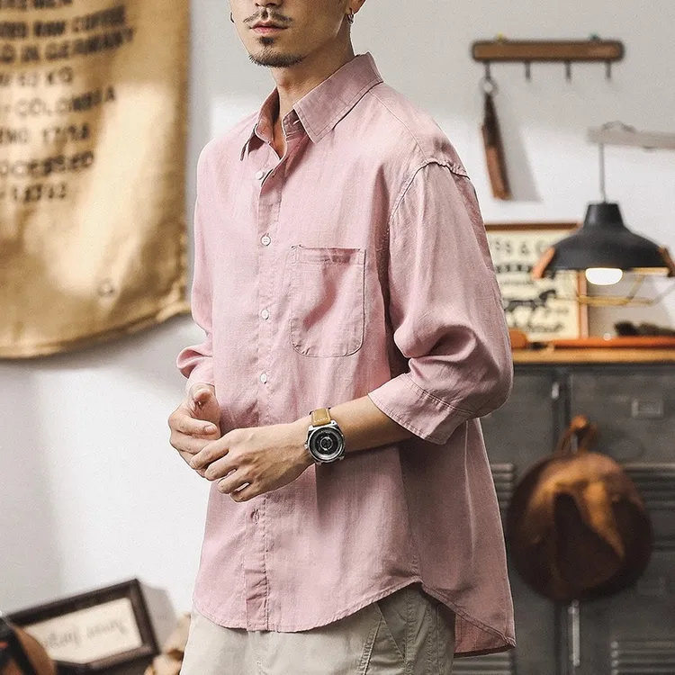 亚麻凉感七分袖衬衫男短袖夏季薄款潮牌宽松透气男士休闲半袖衬衣
