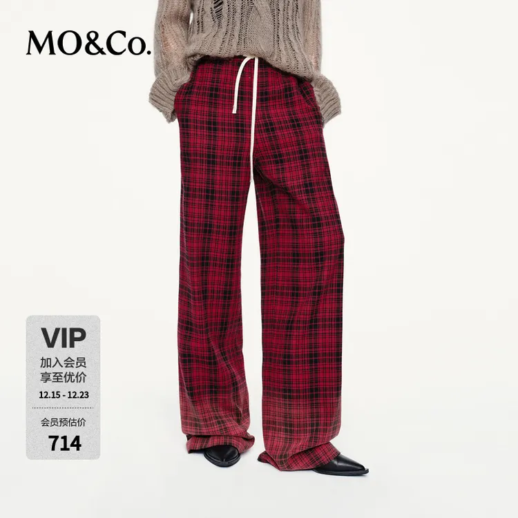 【流光风】MOCO休闲裤2025秋新品棉质黑红格纹渐变高腰MBE3PATT11