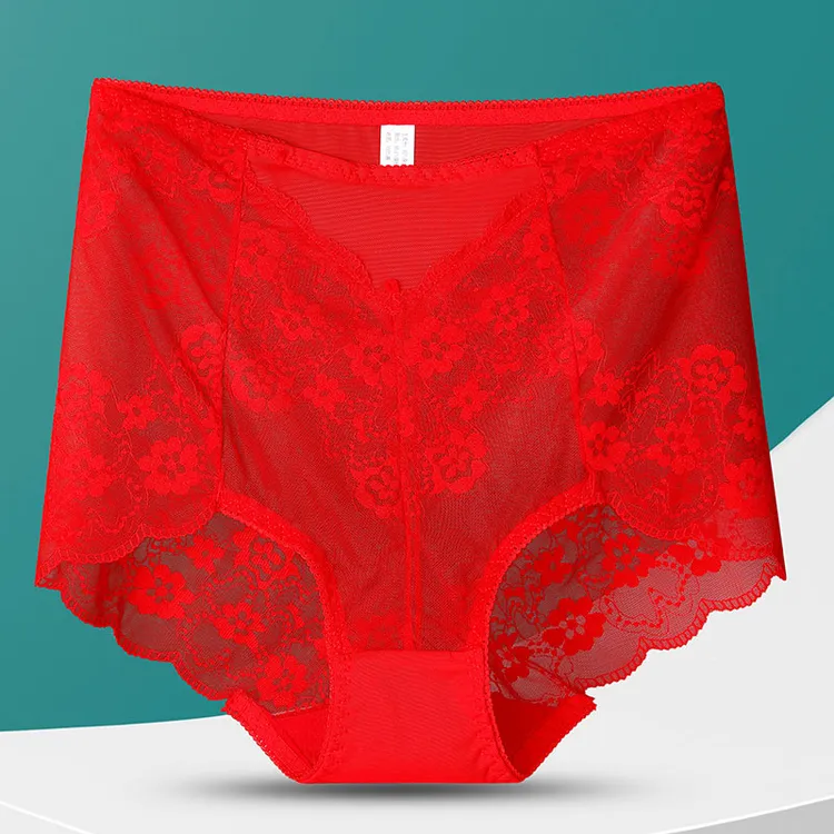 大红色胖妹妹300斤高腰大码内裤女士镂空蕾丝透气无痕收腹本命年