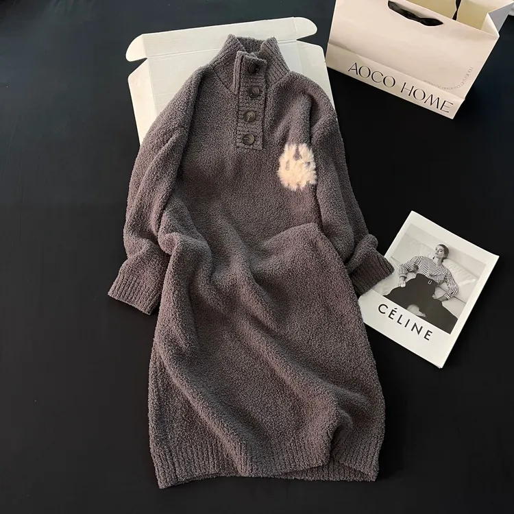 半边绒睡裙女秋冬季珊瑚绒睡衣大码加厚中长款深灰雪学生少女睡衣