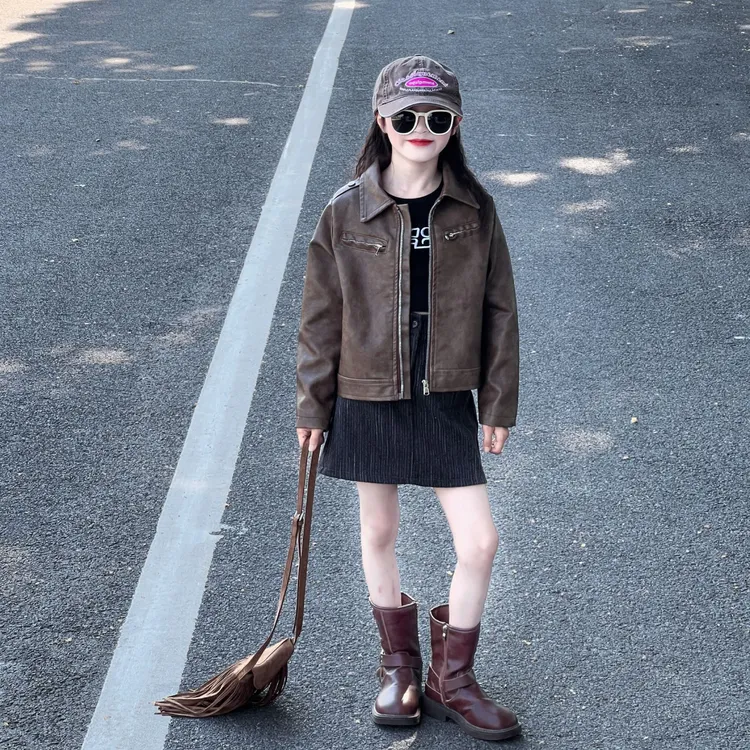 女童春秋款时尚皮衣外套2025新款女大童秋季洋气时尚夹克女孩上衣