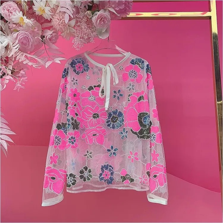 X22243欧美设计师2025夏季新款重工钉珠刺绣亮片花朵系带透视衬衫