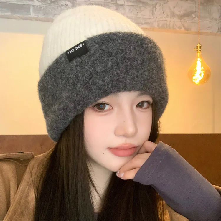 撞色针织毛线帽女秋冬保暖加厚防寒冷帽大头围显脸小护耳包头帽子