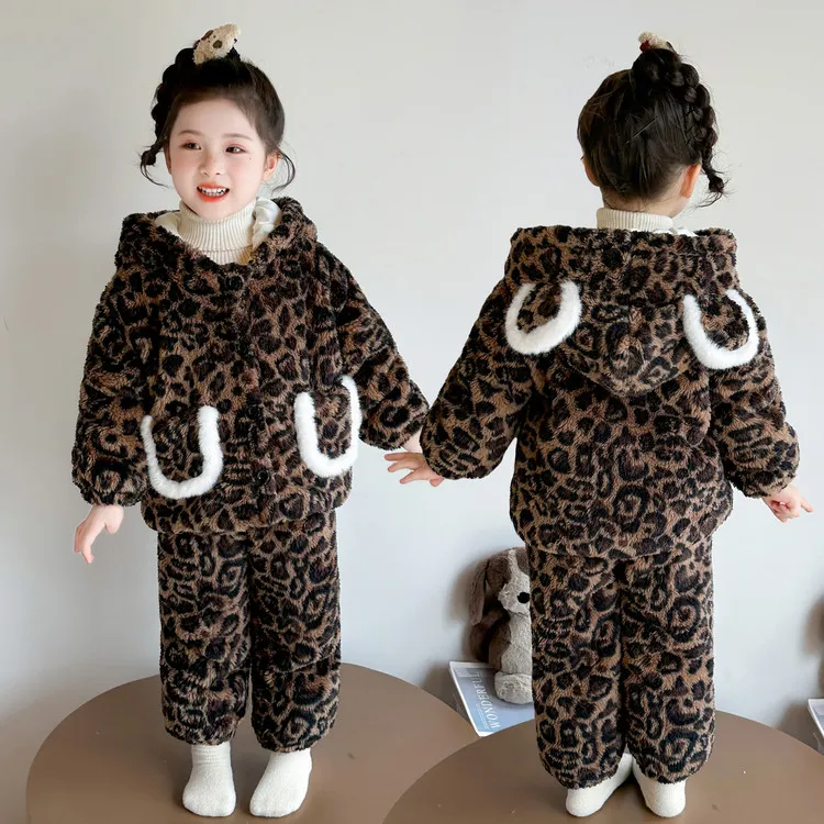 儿童加绒睡衣女童冬季珊瑚绒加厚三层夹棉小女孩宝宝法兰绒家居服