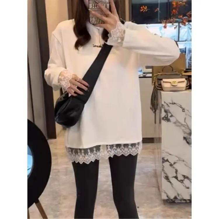 COS MOCO UR蕾丝花边拼接长袖T恤女2025早秋新款加绒打底