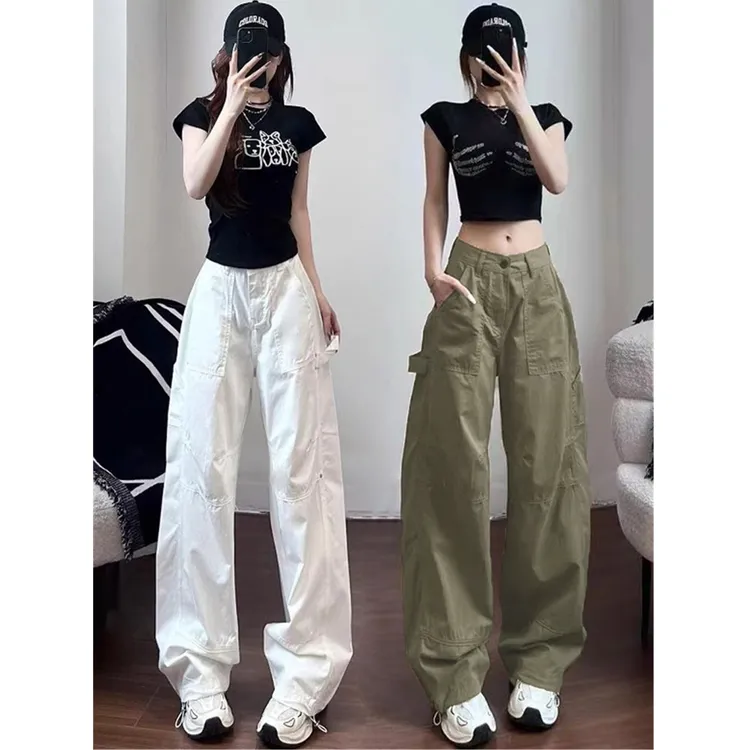 多口袋工装阔腿休闲裤女2025夏季薄款高腰百搭显瘦设计感直筒裤子