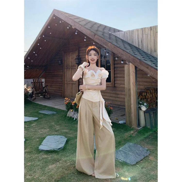 纯欲风设计花朵一字领不规则上衣女夏季宽松垂感休闲阔腿裤两件套