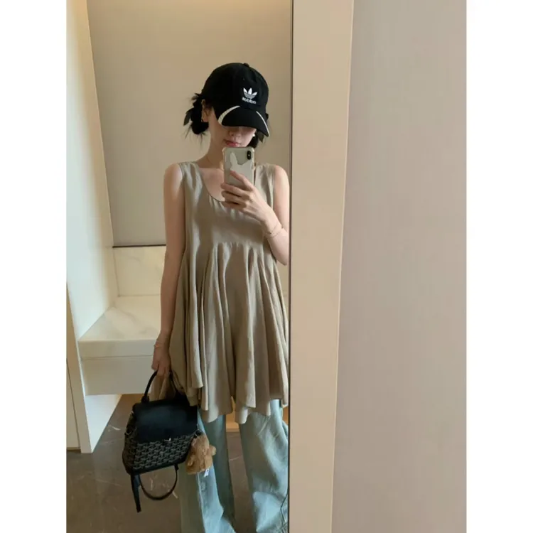 可可奶咖夏季新款轻薄慵懒无袖大裙摆垂感连衣裙裙子