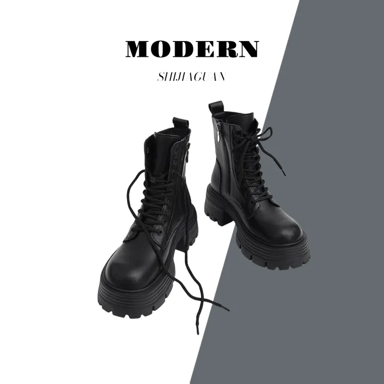 马丁靴女2025年秋冬季新款单靴厚底内增高英伦风瘦瘦靴短靴系带靴