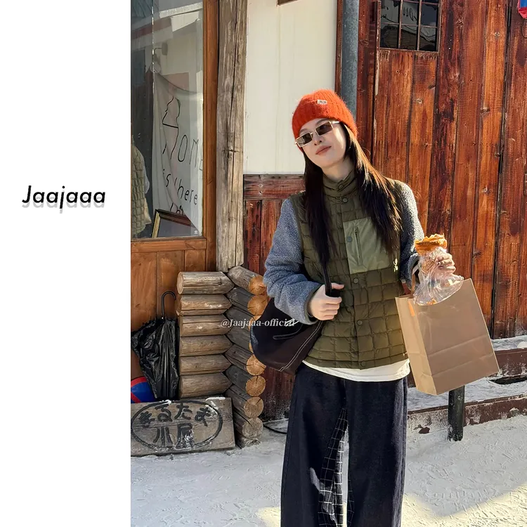 Jaajaaa冬不织林 冬季复古小众拼接百搭设计撞色抽绳羽绒外套/XFD