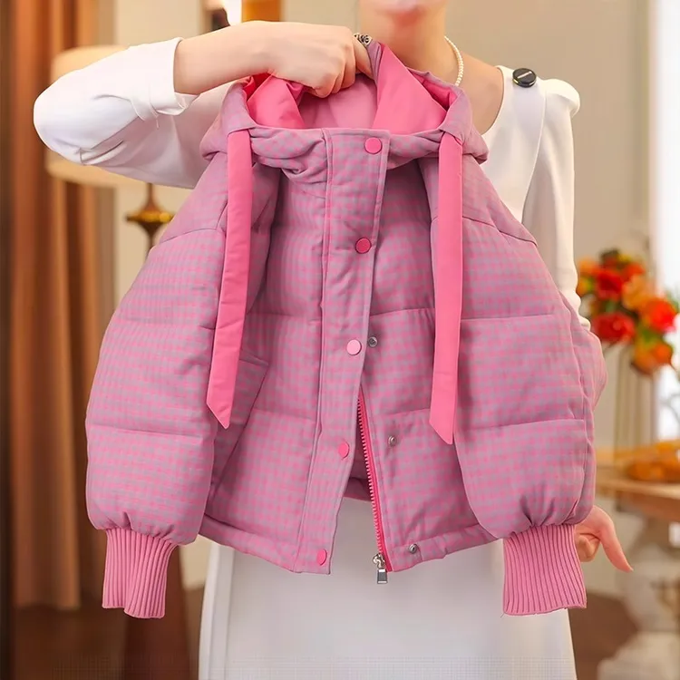 女童夹棉外套秋冬款2025新款儿童韩版格子面包服冬季女孩加厚棉服