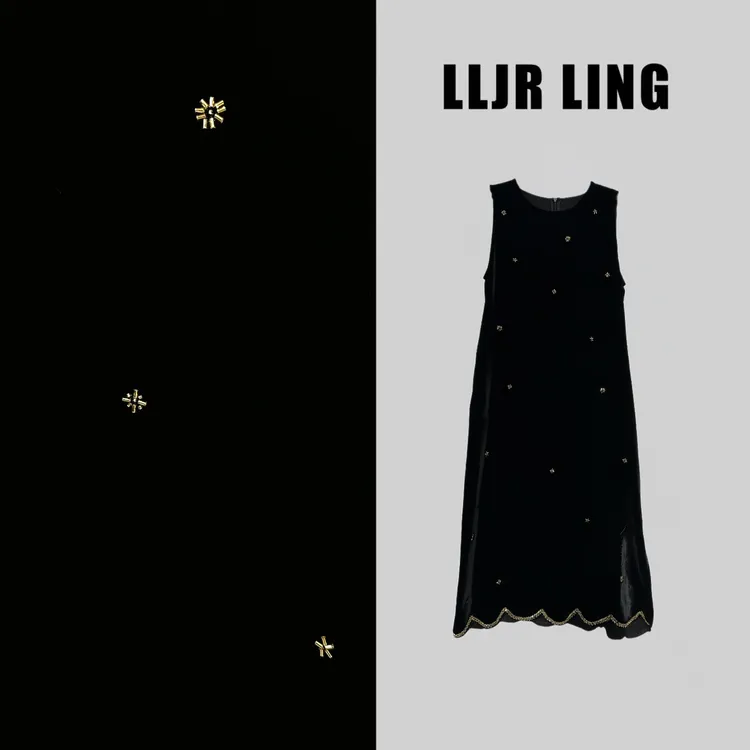 【玲姐】L252757高级感刺绣钉珠五条星真丝丝绒连衣裙女