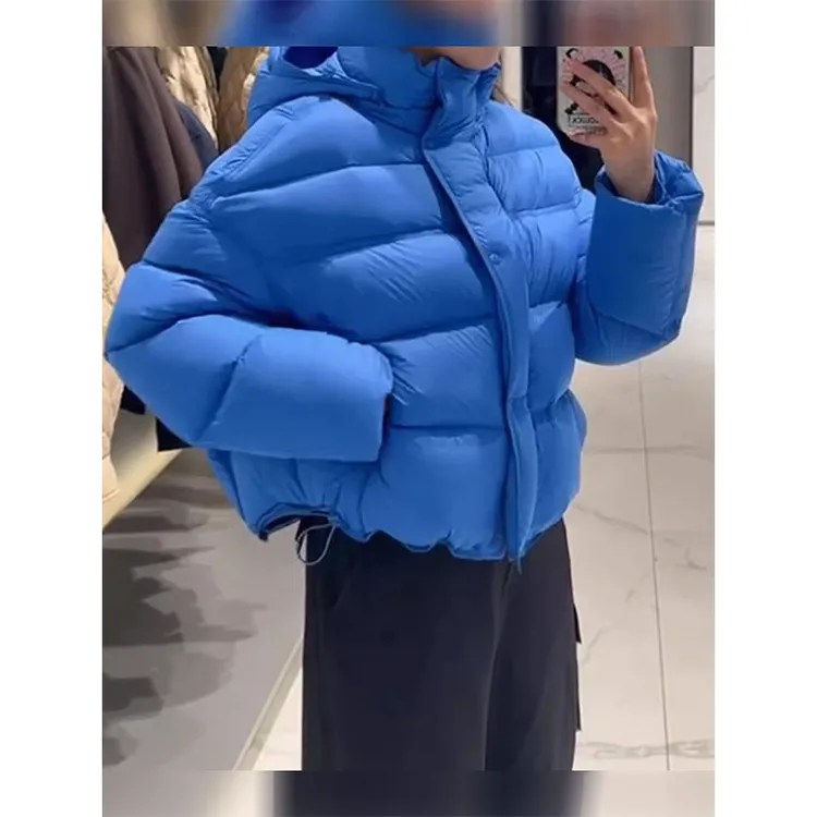 蓝色短款连帽棉服女2025冬季新款加厚龟背小个子面包服保暖外套