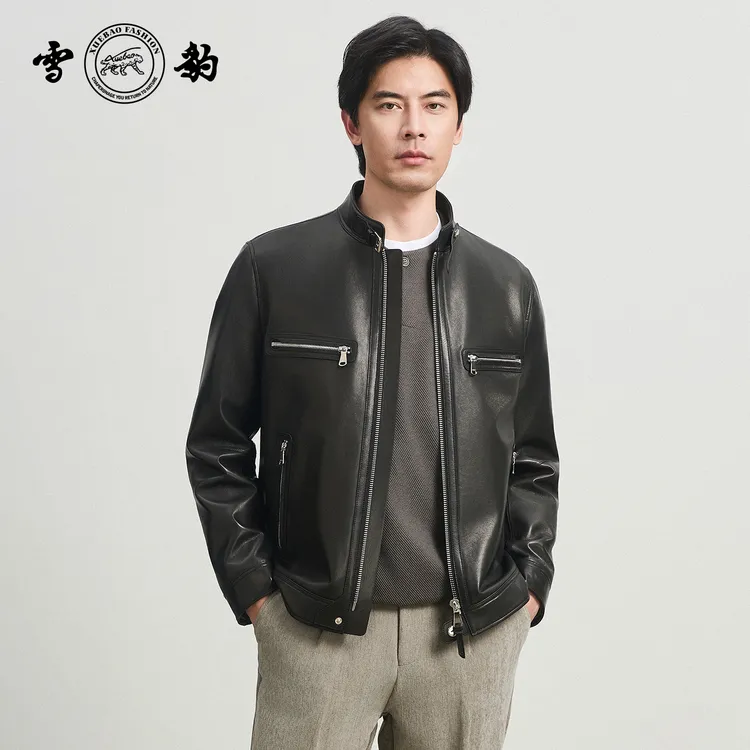 【专柜】雪豹2025新款85769山羊皮小立领真皮皮衣机车时尚男皮夹克