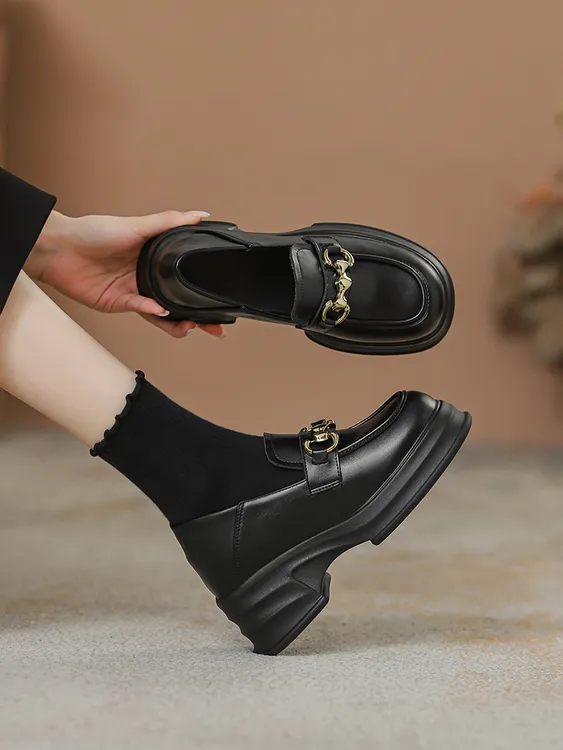 9厘米内增高厚底金属扣乐福鞋女2025新款小皮鞋英伦风小码32码