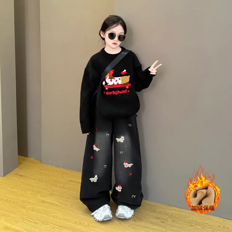 女童2025新款儿童秋冬季韩系圣诞狗毛衣重工刺绣加绒牛仔裤套装潮