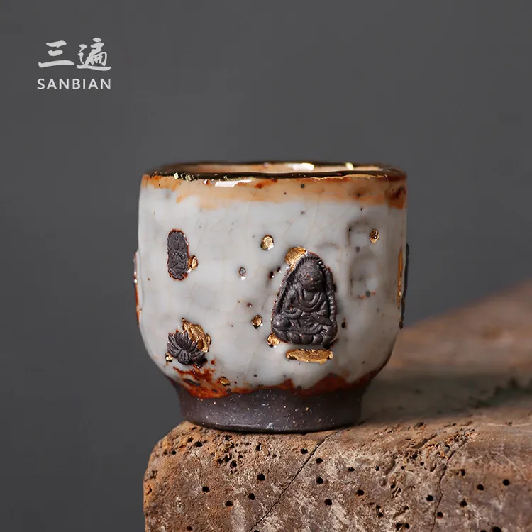 三遍高越手作志野烧茶杯敦煌柴烧主人杯侘寂风粗陶茶具g003