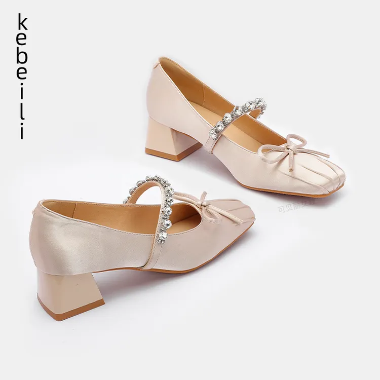 水钻蝴蝶结法式玛丽珍鞋女粗跟方头单鞋春秋新款复古中跟高跟鞋
