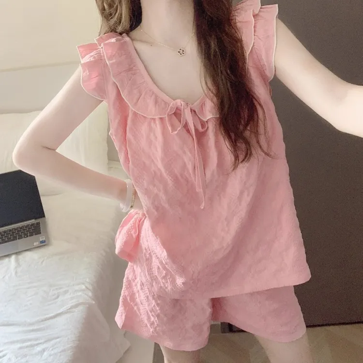带胸垫睡衣女款夏季甜美少女感吊带短裤背心外穿云朵棉家居服套装