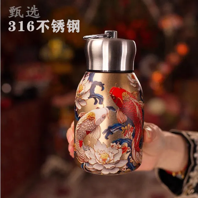 复古金锦鲤不锈钢保温杯316迷你复古国潮风水杯女生手拎保温杯jn